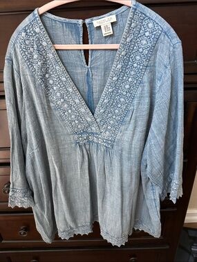 Rachel Zoe Powder Blue Embroidered V-Neck Peasant Blouse